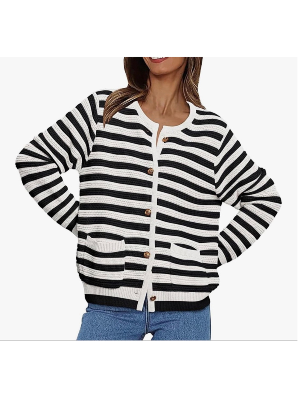 NEW Striped Cardigan Sweater Pockets Long Sleeve Button Down XL